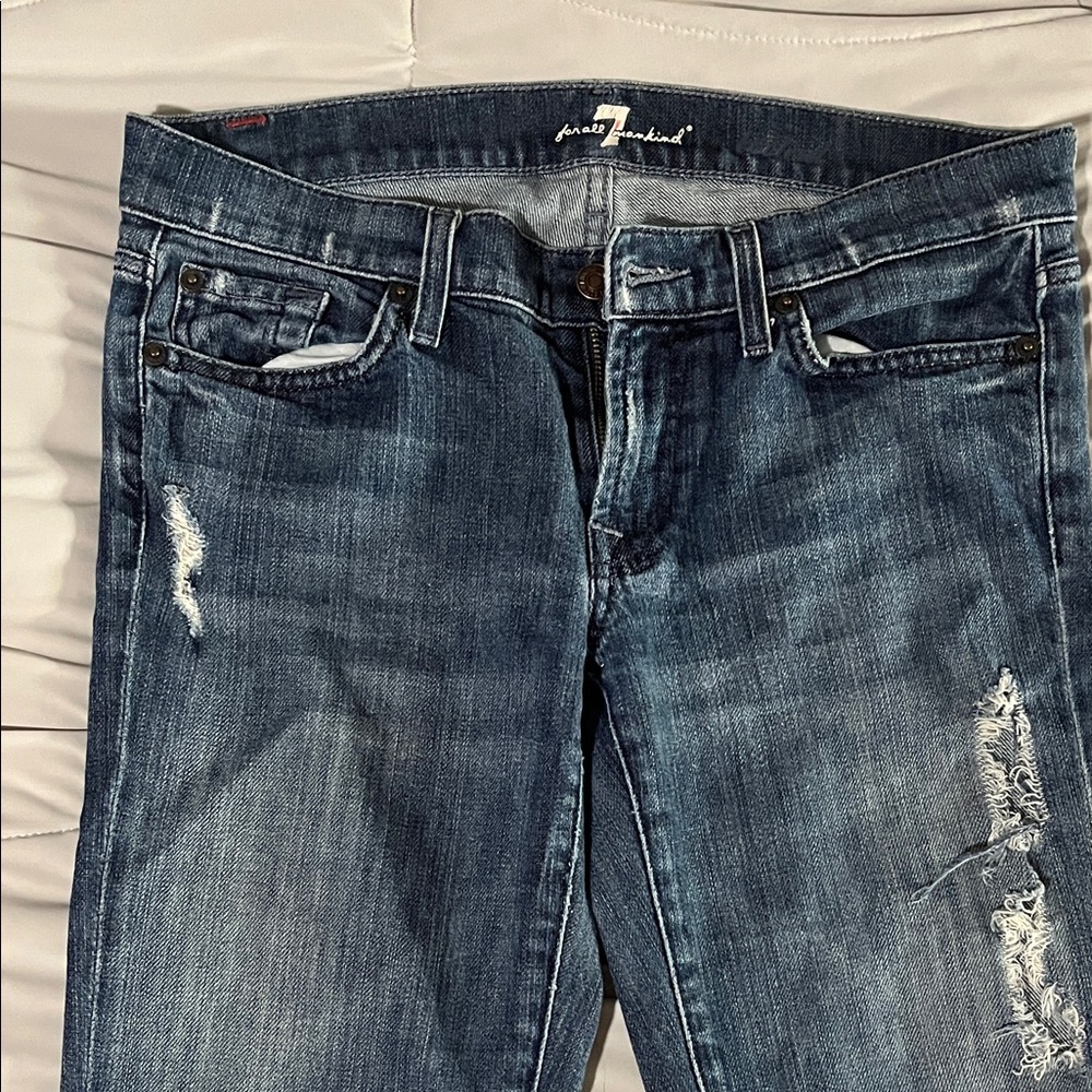 7 For All Mankind Women's Distressed Blue Straight Leg Jeans